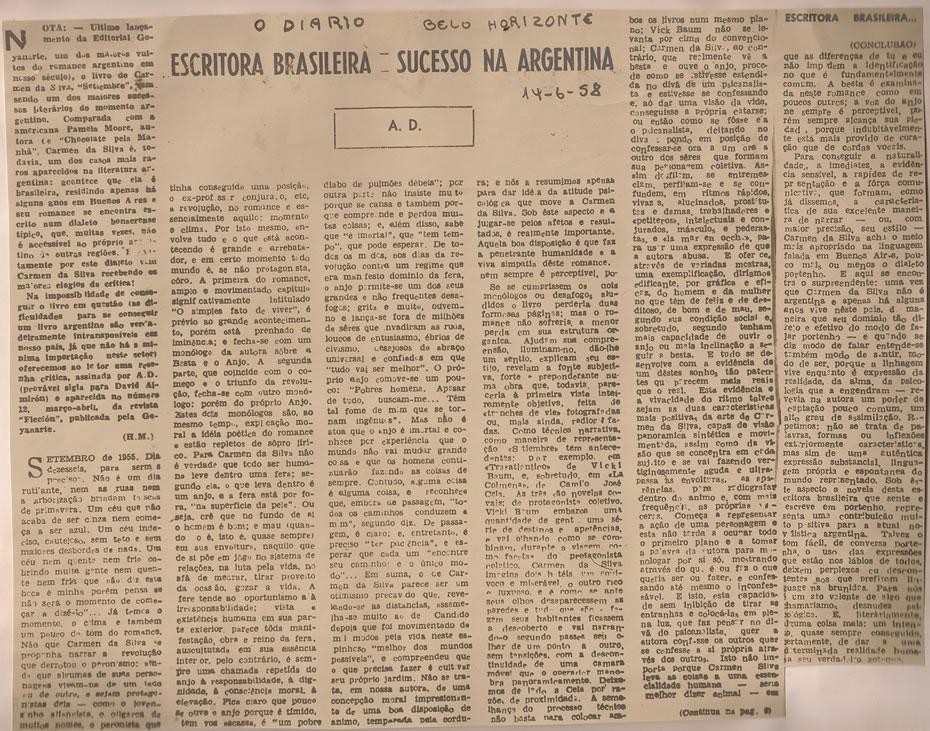 Escritora Brasileira: Sucesso na Argentina 
O Diário, Belo Horizonte, 14/06/58
