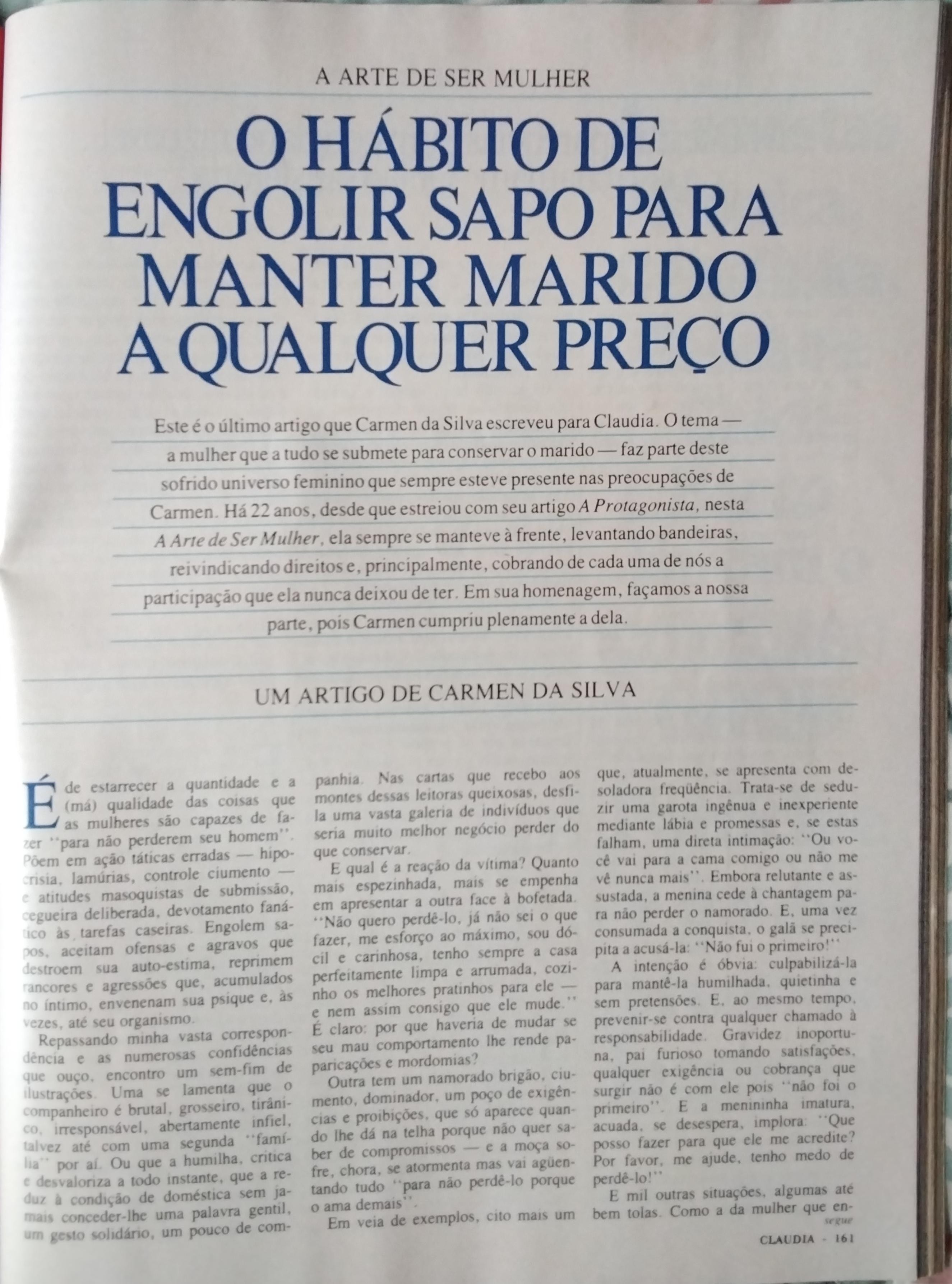 Revista Claudia, nº 285, junho de 1985. Pg. 161.