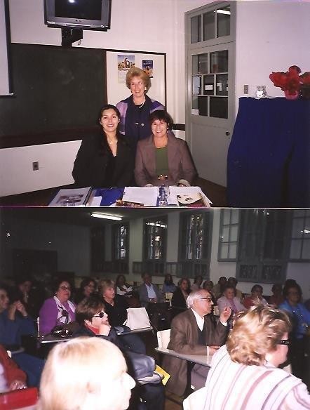 Palestra no Colégio Joana d&#39;Arc - maio de 2006. Na parte superior da foto, em pé, a Presidente da Associação das Ex-Alunas, Vera Hilt; sentadas, as palestrantes Kelley Duarte e Nubia Hanciau
Na foto inferior, participantes