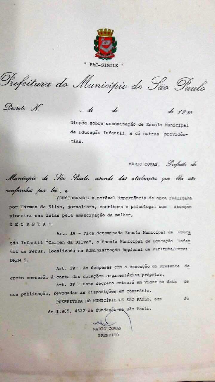 Documento nomeando a Escola Municipal de Educação Infantil Carmen da Silva