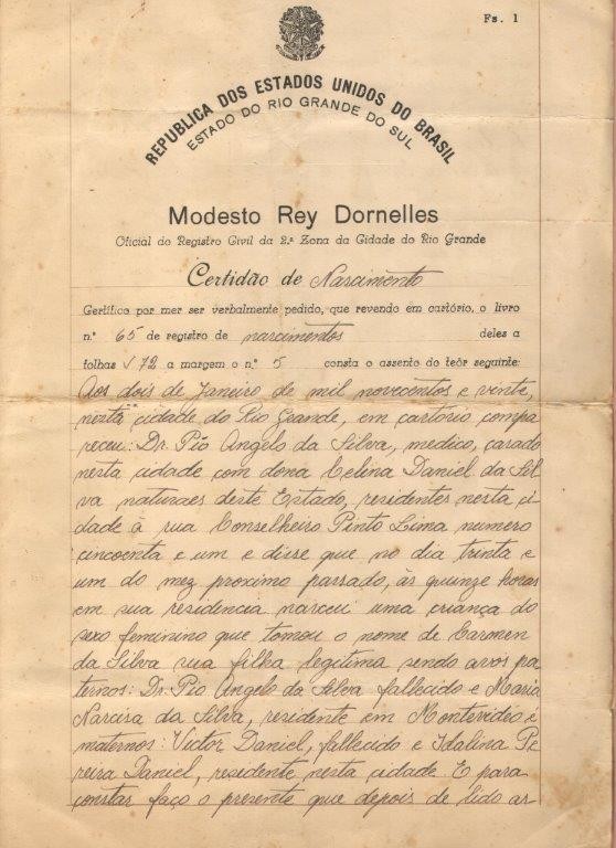 Certidão de nascimento de Carmen