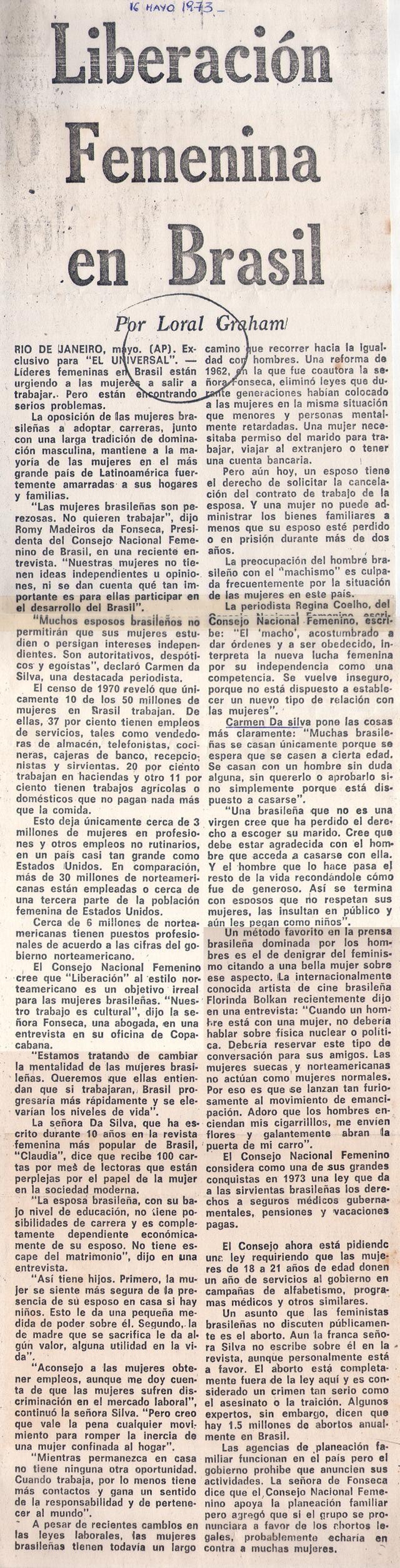 16 de Maio de 1973. Liberación Femenina en Brasil.