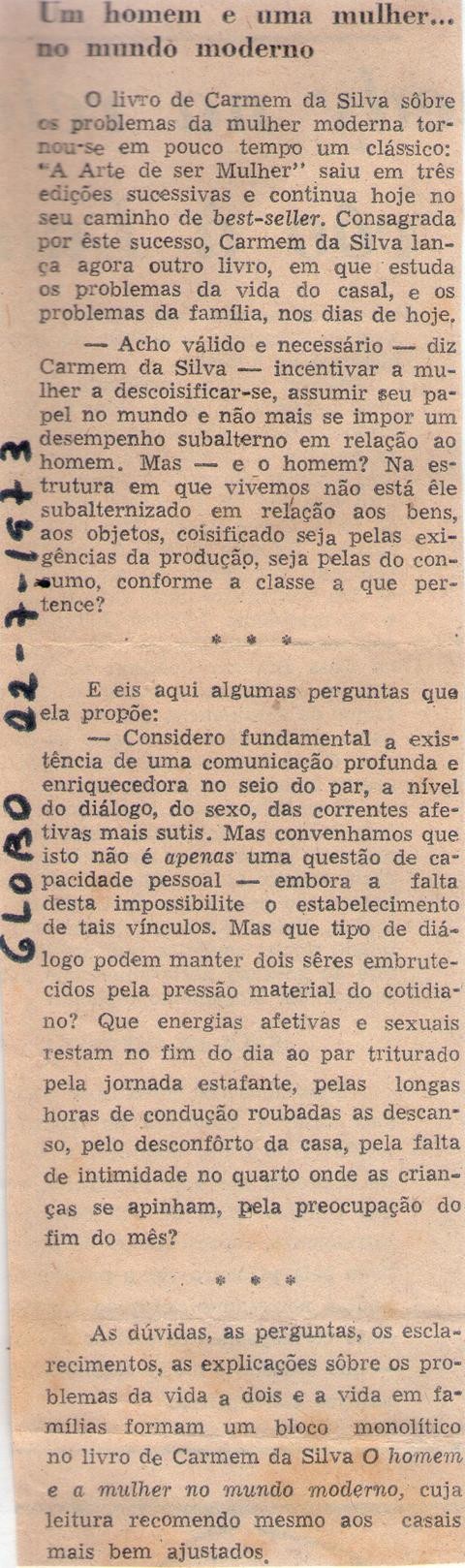 02 de Julho de 1973 - O Globo. Um homem e uma mulher... no mundo moderno.