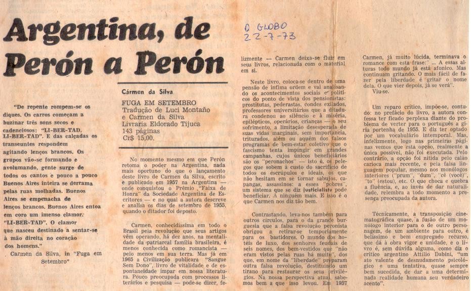 22 de Julho de 1973 - O Globo. Argentina, de Perón a Perón.