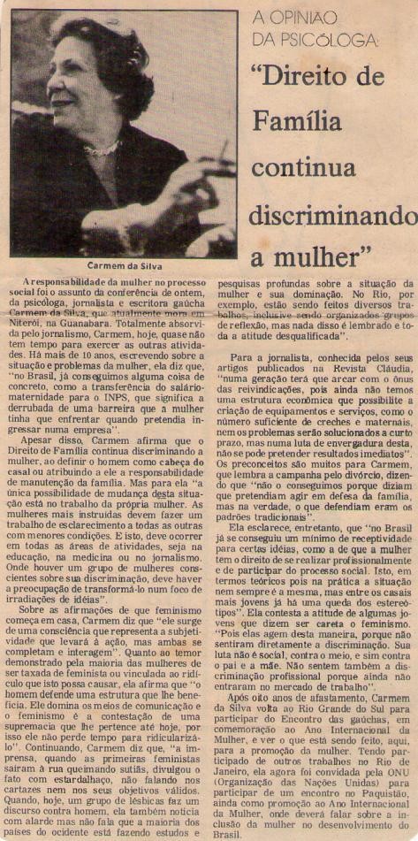 1975. "Direito de Família continua discriminando a mulher".