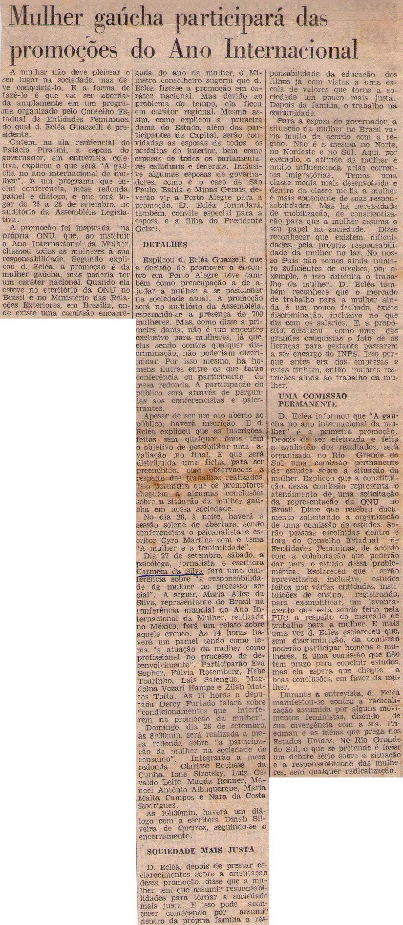 1975. Mulher gaúcha participará das promoções do Ano Internacional.