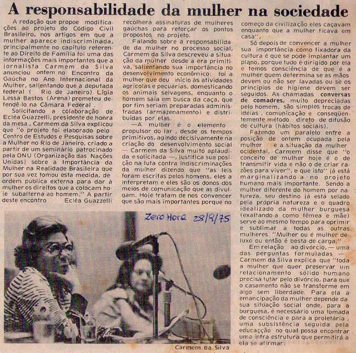 28 de Setembro de 1975 - Zero Hora. A responsabilidade da mulher na sociedade.