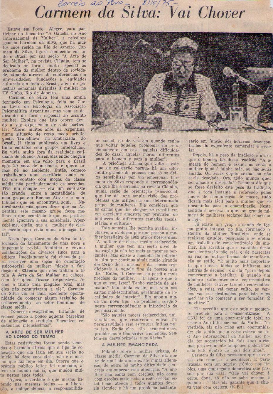 08 de Outubro de 1975 - Correio do Povo. Carmem da Silva: Vai Chover.