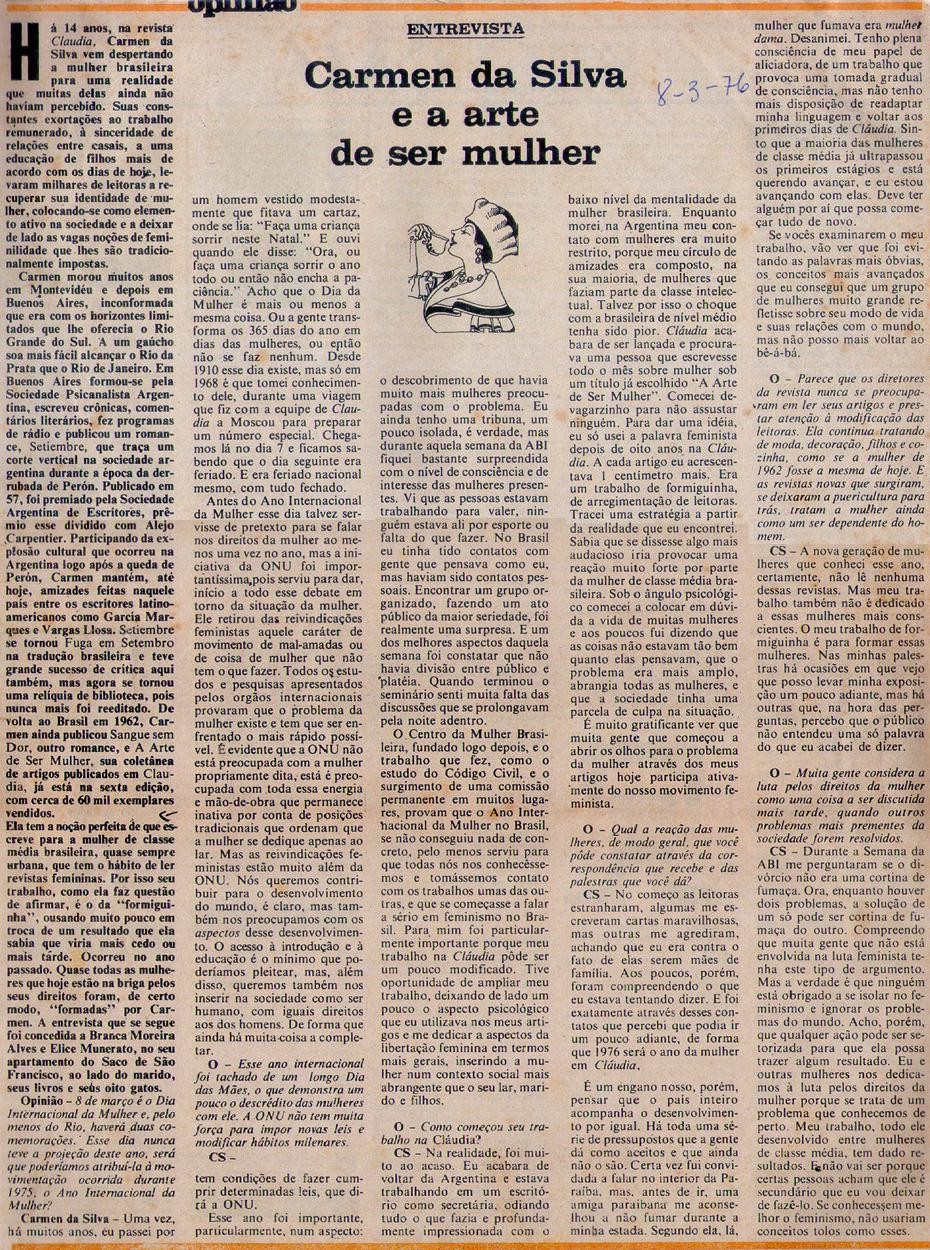 08 de Março de 1976 - Opinião. Carmen da Silva e a arte de ser mulher.