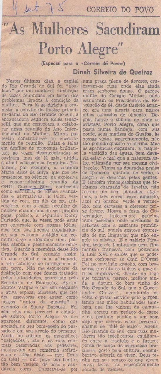 04 de Setembro de 1975 - Correio do Povo. As mulheres sacudiram Porto Alegre.
