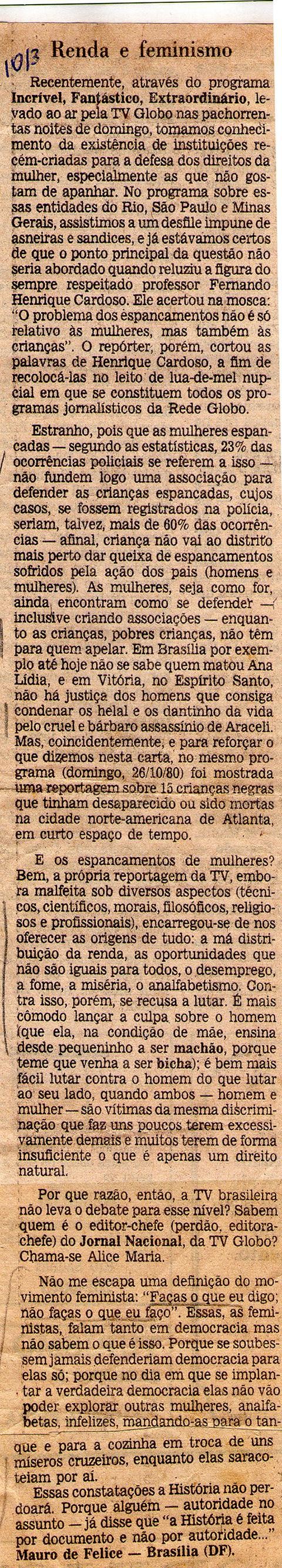 10 de Março de 1980. Renda e feminismo.