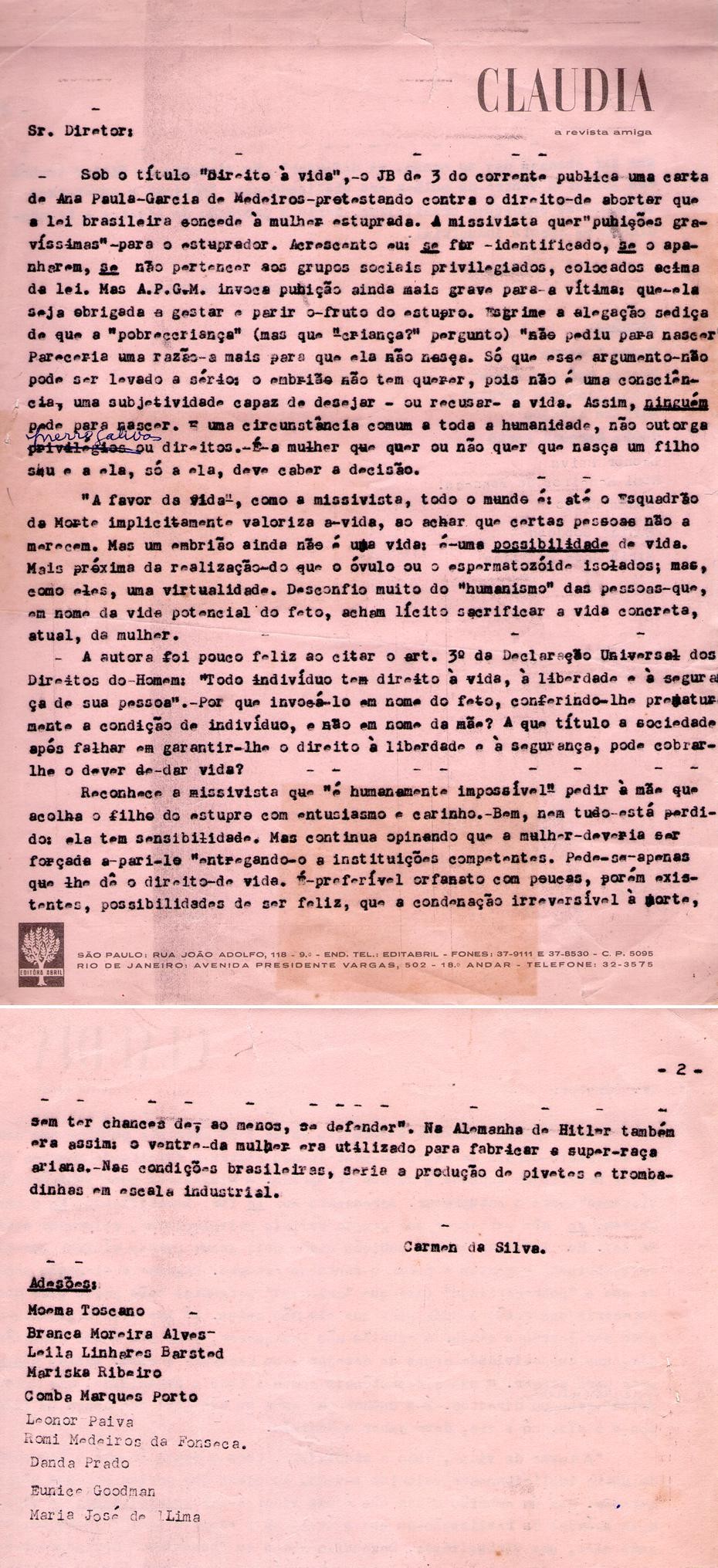 1982 - Cláudia. Carta ao diretor.