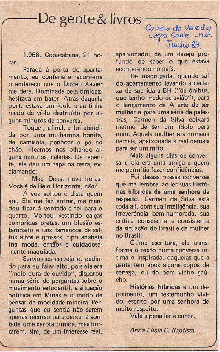 Junho de 1984 - Correio de Vereda Lagoa Santa. De gente & livros.