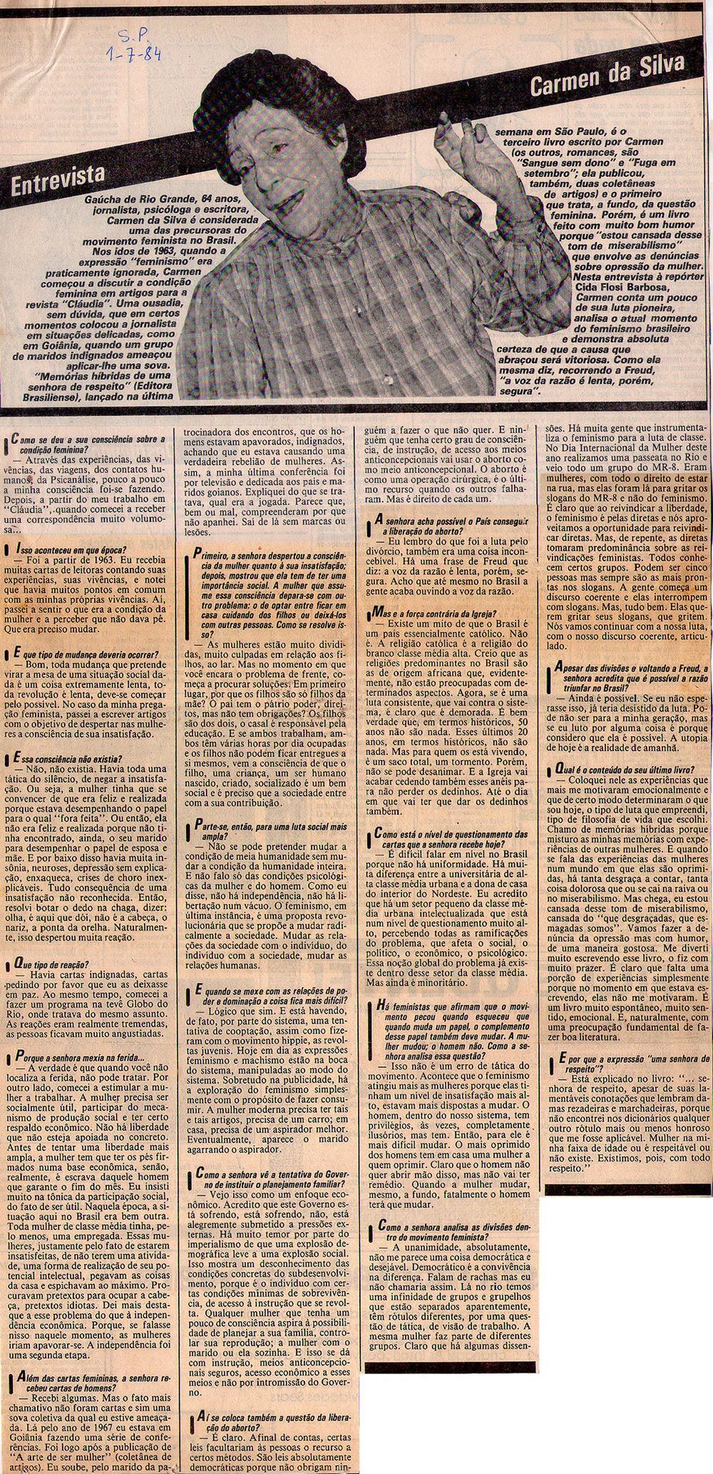 01 de Julho de 1984 - Cláudia. Entrevista Carmen da Silva