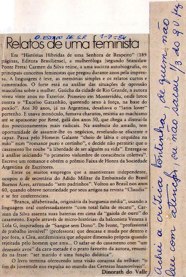 01 de Julho de 1984 - O Estado de São Paulo. Relatos de uma feminista.