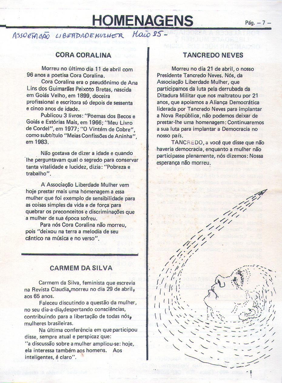 Maio de 1985 - Associação Liberdade Mulher. Homenagens.