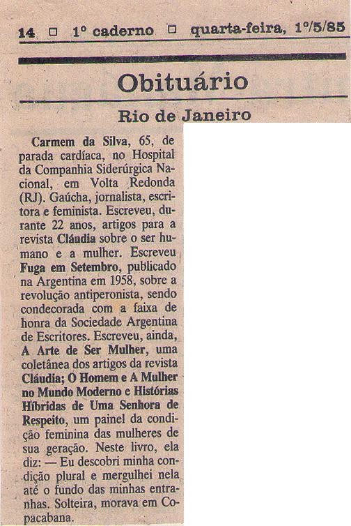 01 de Maio de 1985. Obituário.