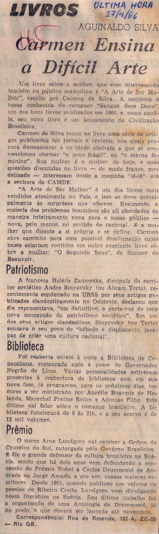 27 de Abril de 1966 - Última Hora. Carmen Ensina a Difícil Arte.
