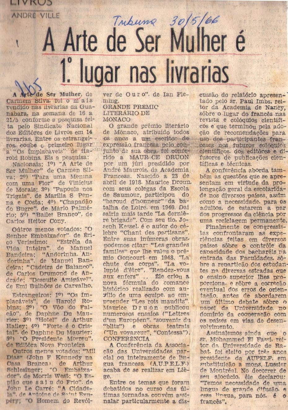 30 de Maio de 1966 - Tribuna. A Arte de Ser Mulher é 1º lugar nas livrarias.