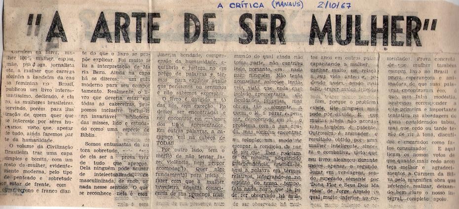 02 de Outubro de 1967 - A Crítica. A arte de ser mulher.