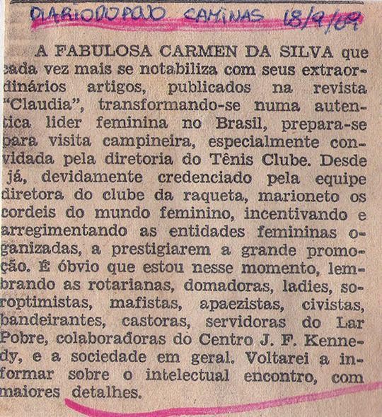 18 de Setembro de 1969 - Diàrio do Povo. A fabulosa Carmen da Silva.