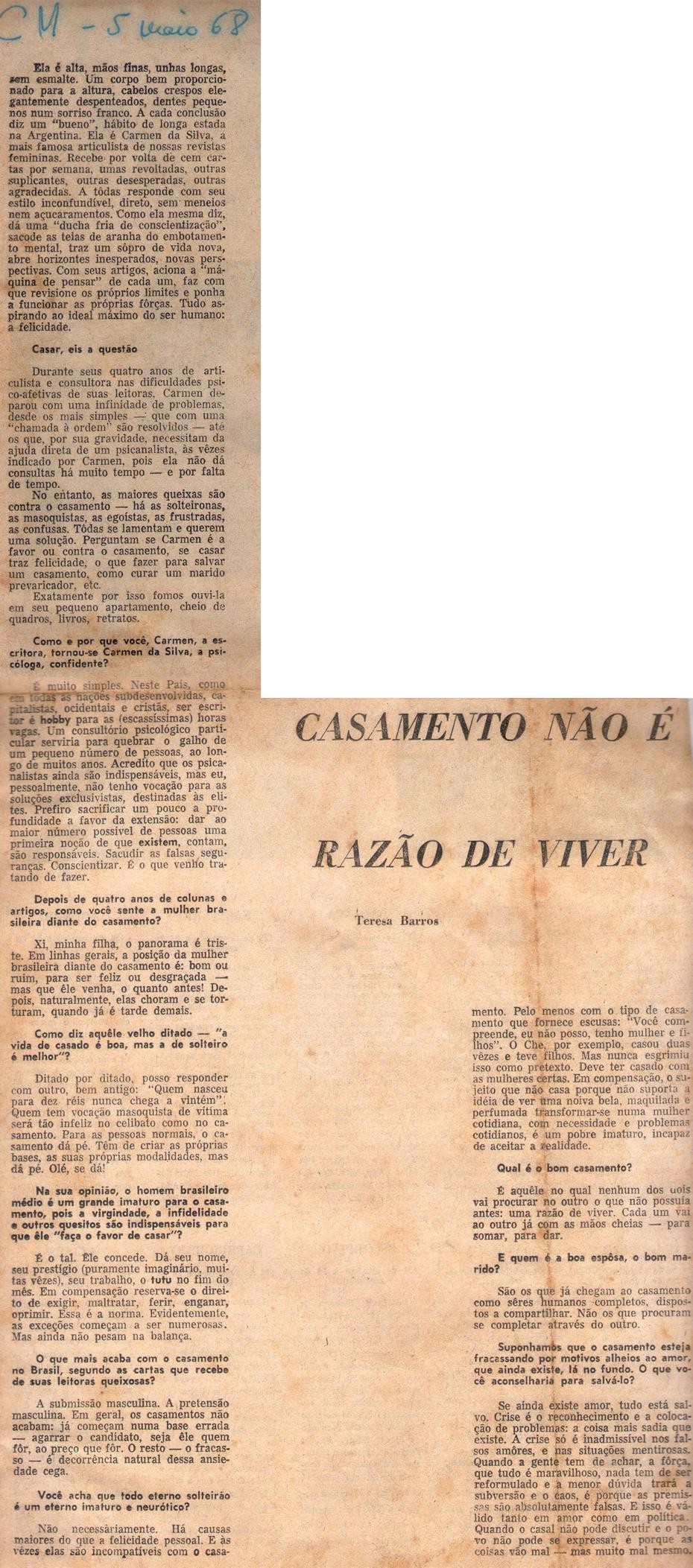 05 de Maio de 1968 - Correio da manhã. Casamento não é razão de viver.
