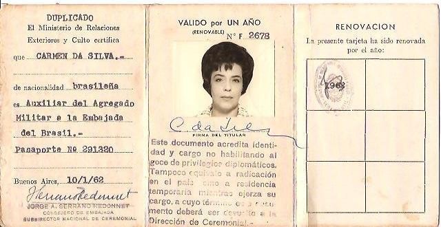 Documento de Identidade de Carmen da Silva, emitido no tempo em que trabalhou na Embaixada do Brasil em Buenos Aires.