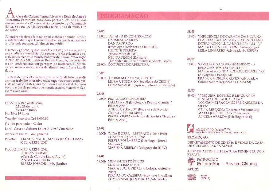 Casa da Cultura Laura Alvim - Ciclo de Estudos Carmen da Silva - Vida e Obra - maio a junho de 1992 - parte interna do folder