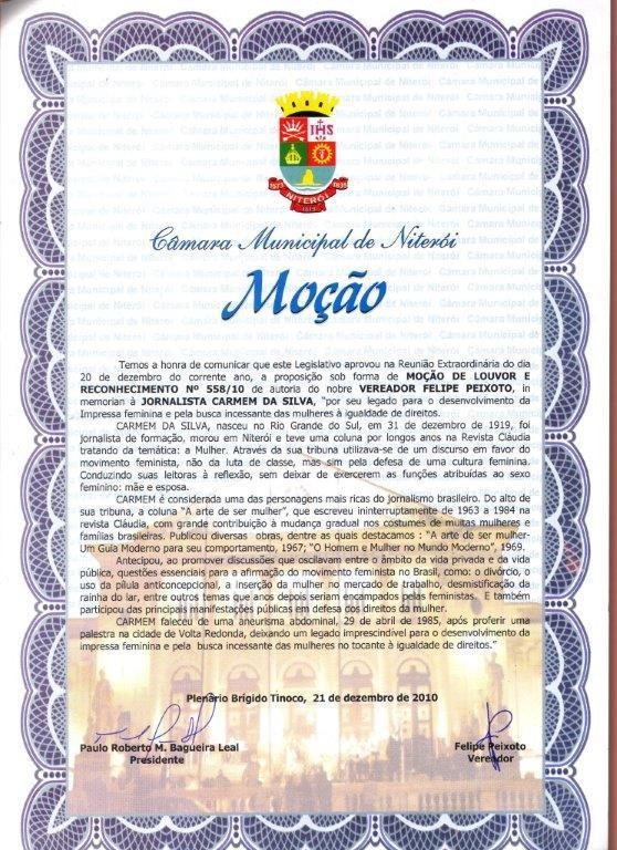 Moção de Louvor e Reconhecimento recebida da Câmara Municipal de Niterói