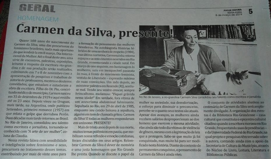 08 de Março de 2019 - Jornal Agora. Carmen da Silva, PRESENTE!
