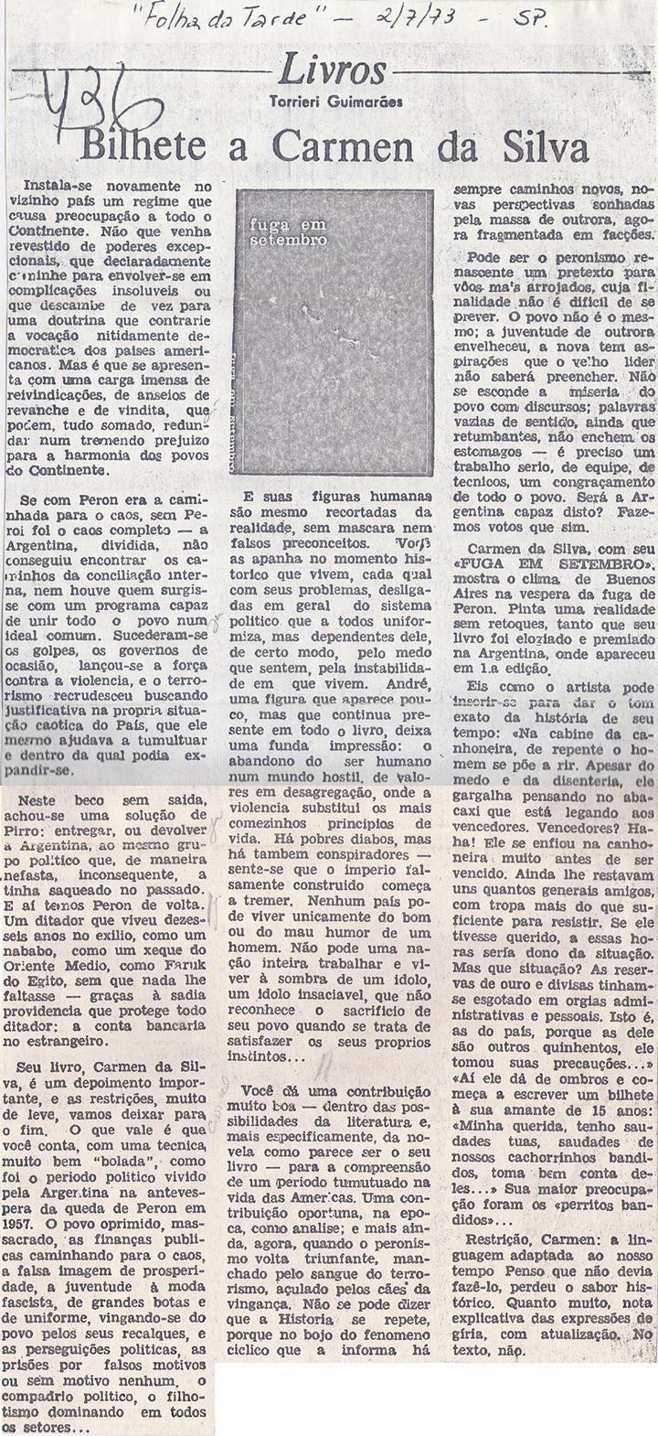 02 de Julho de 1973 - Folha da Tarde. Bilhete a Carmen da Silva.