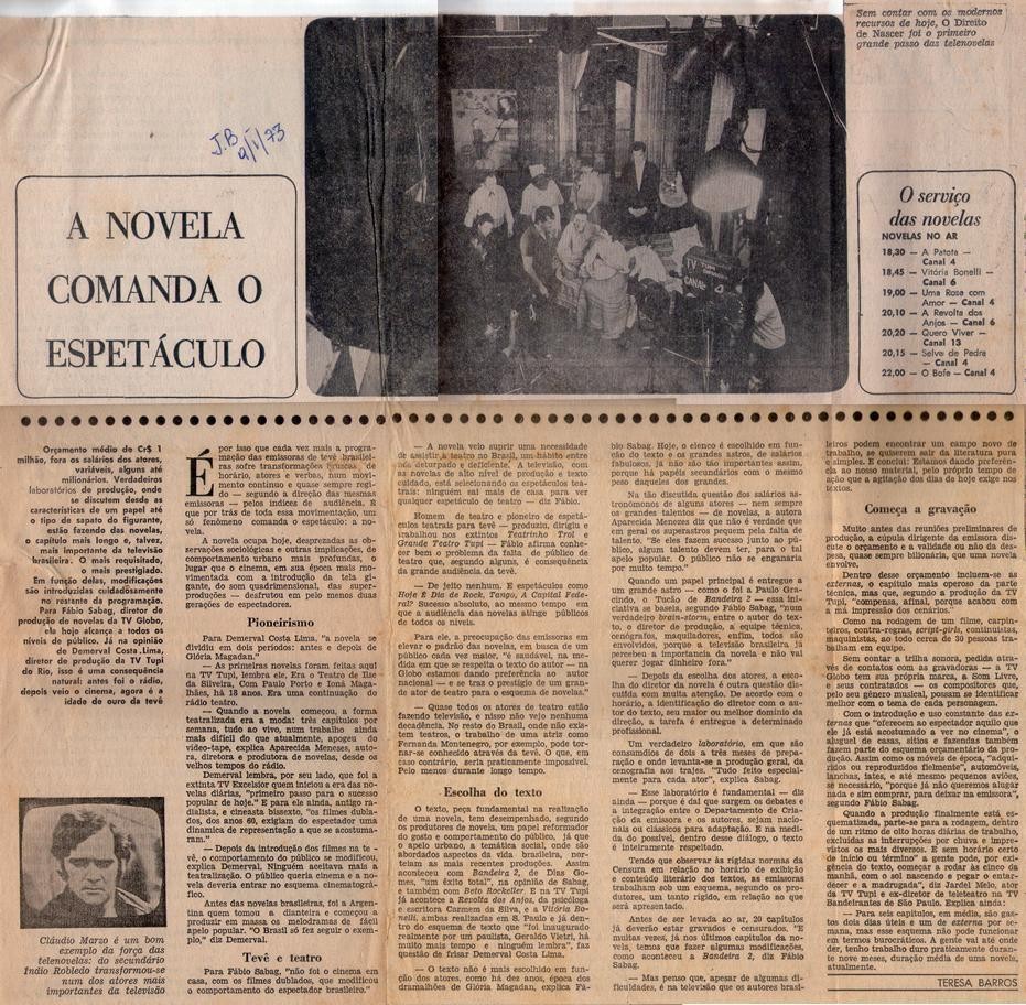 09 de Janeiro de 1973 - Jornal do Brasil. A novela comanda o espetáculo.