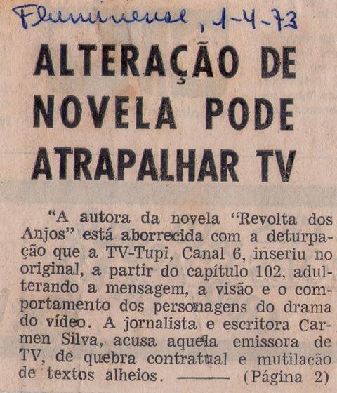 01 de Abril de 1973 - Fluminense. Alteração de novela pode atrapalhar TV.