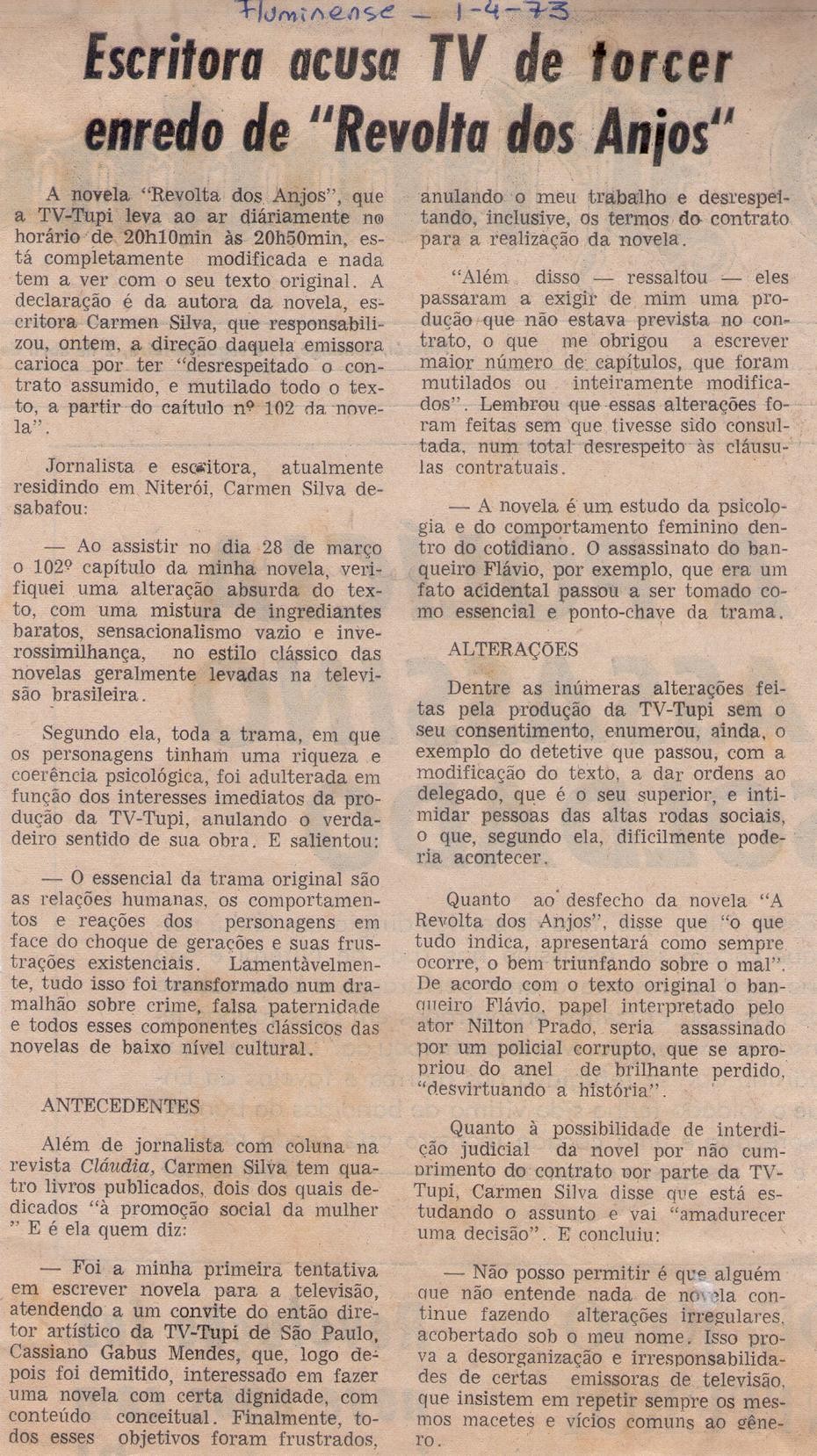 01 de Abril de 1973 - Fluminense. Escritora acusa TV de torcer enredo de Revolta dos Anjos.