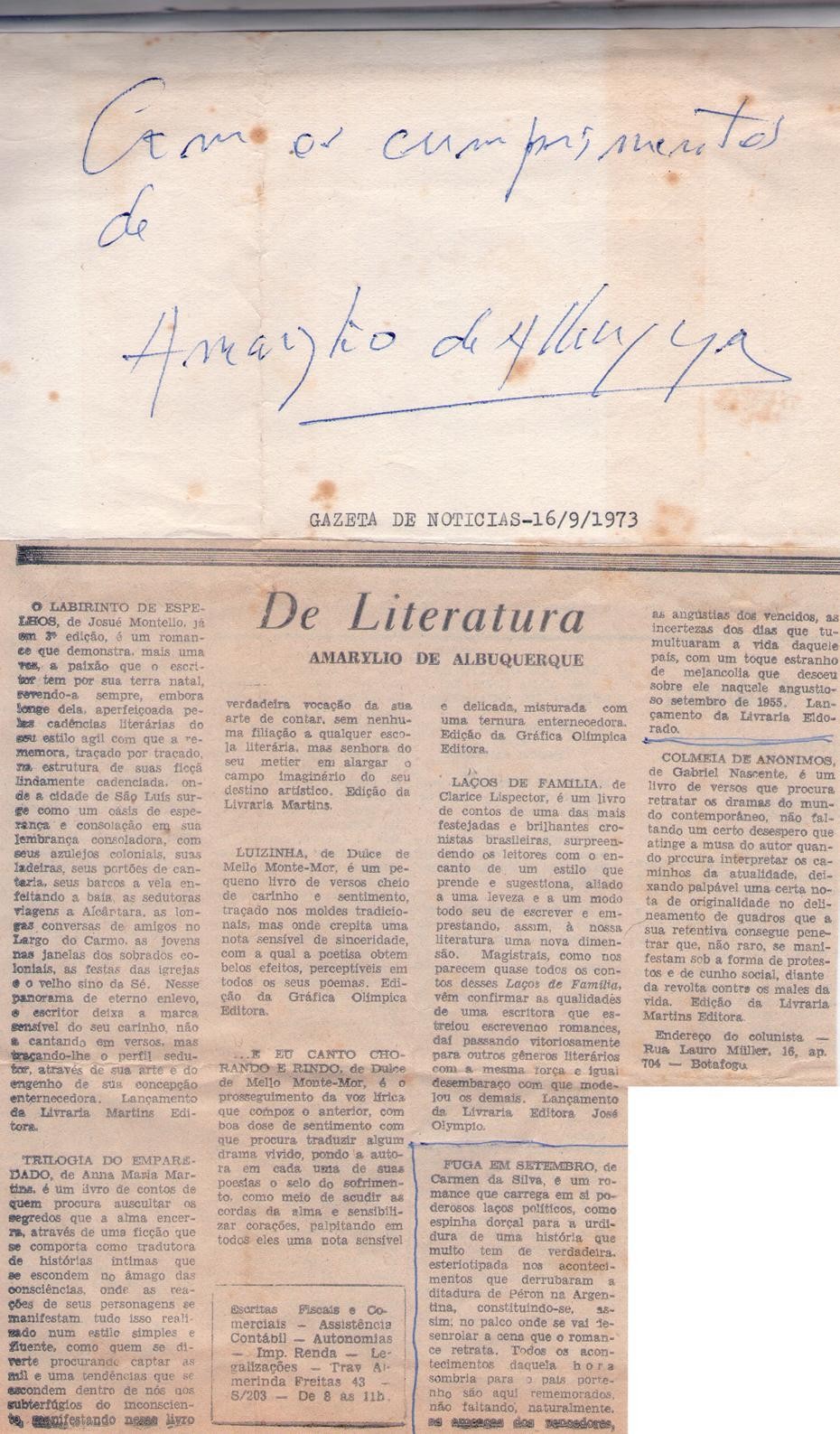 16 de Setembro de 1973 - Gazeta de Notícias. De Literatura.
