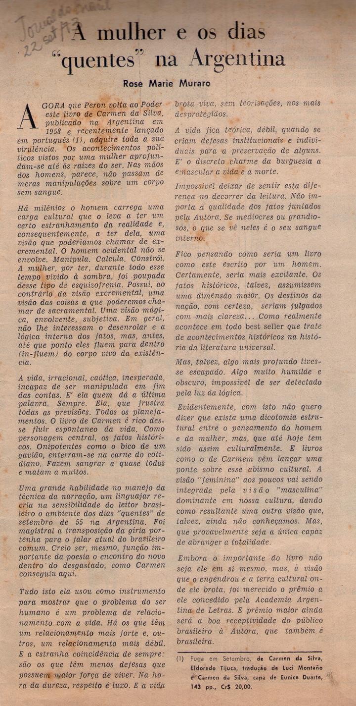 22 de Setembro de 1973 - Jornal do Brasil. A mulher e os dias "quentes" na Argentina.