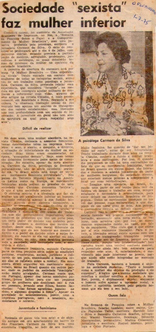 01 de Julho de 1975 - O Fluminense. Sociedade "sexista" faz mulher inferior.