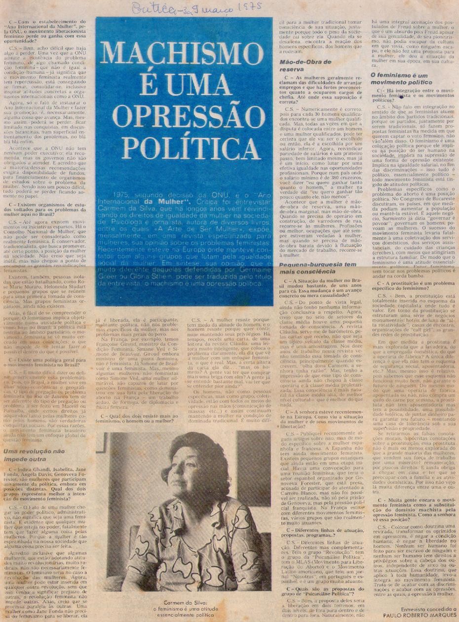 03 de Março de 1975 - Crítica. Machismo é uma opressão política.