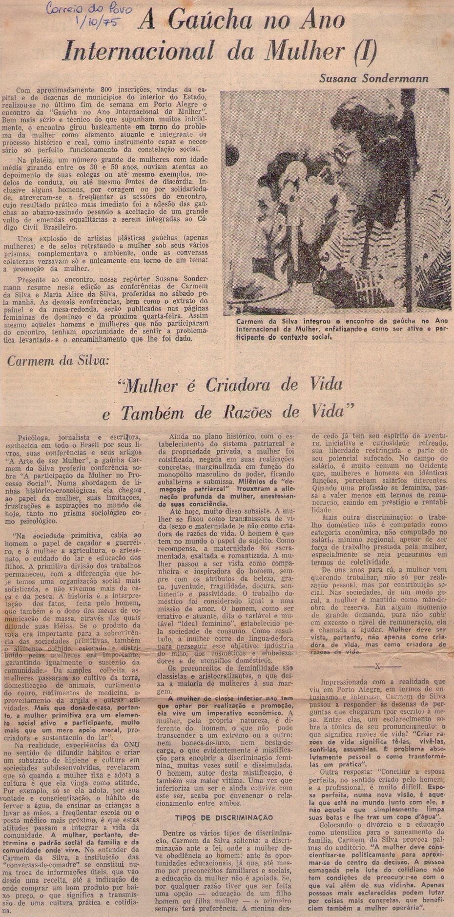 1 de Outubro de 1975 - Correio do Povo. A Gaúcha no Ano Internacional da Mulher.
