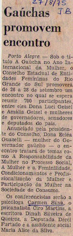 27 de Agosto de 1975 - Jornal do Brasil. Gaúchas promovem encontro.