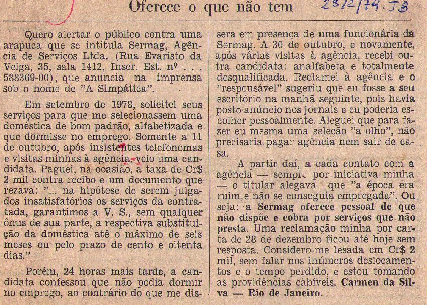 23 de Fevereiro de 1979 - Jornal do Brasil. Oferece o quenão tem.