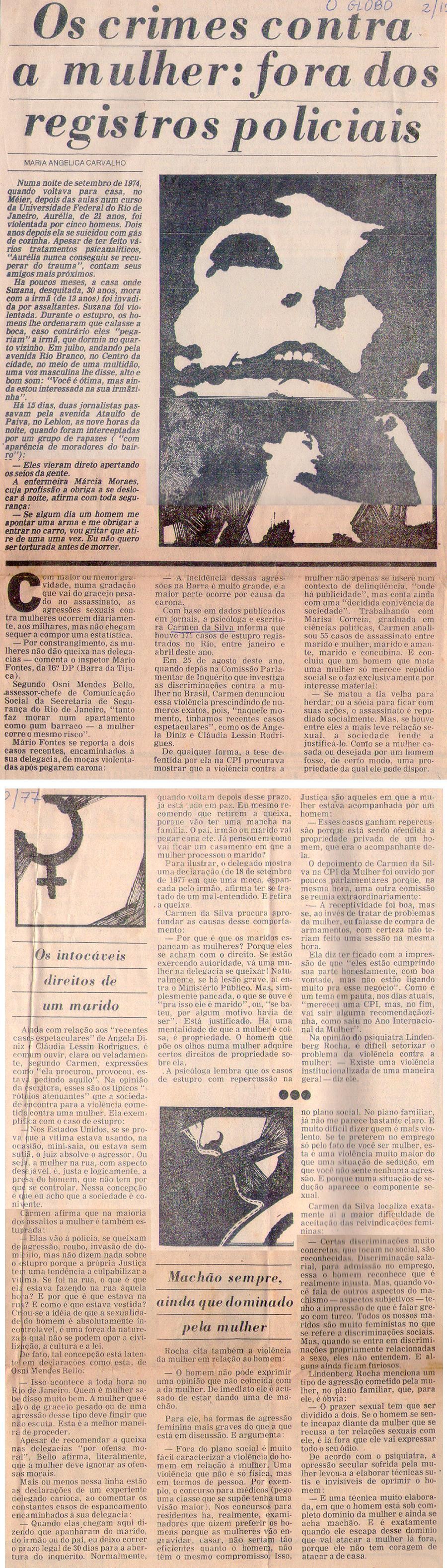 02 de Outubro de 1977 - O Globo. Os crimes contra a mulher: fora dos registros policiais.