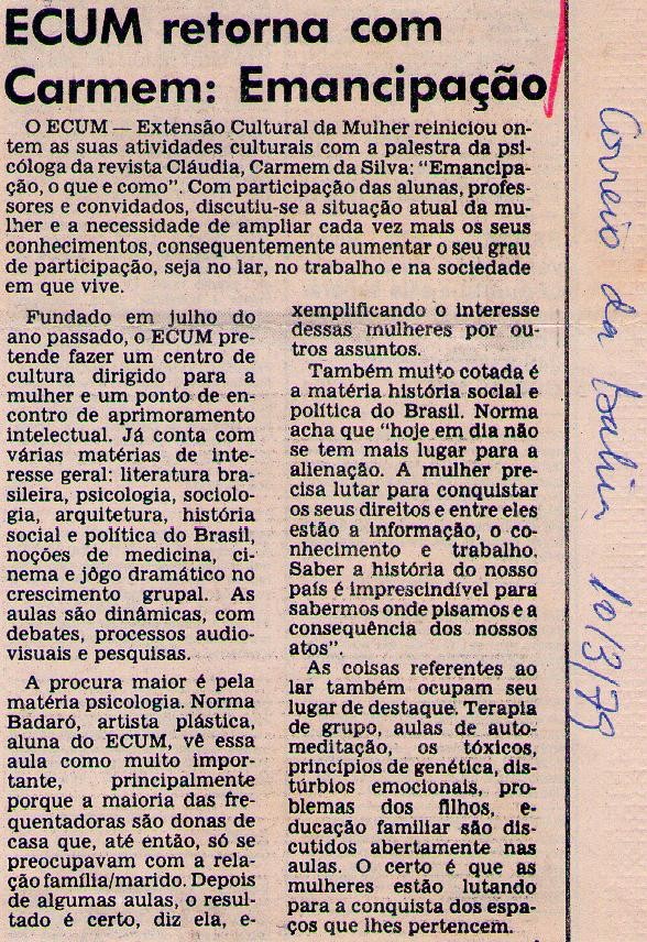 10 de Março de 1979 - Correio da Bahia. ECUM retorna com Carmem: Emancipação.