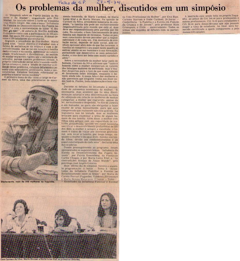 27 de Setembro de 1979 - Folha de São Paulo. Os problemas da mulher, discutidos em um simpósio.