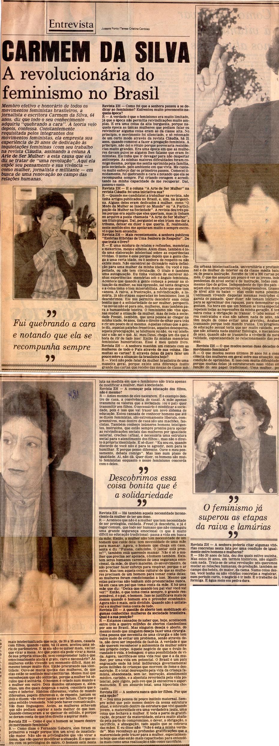 1981 - Zero Hora. Carmem da Silva: A revolucionária do feminismo no Brasil.