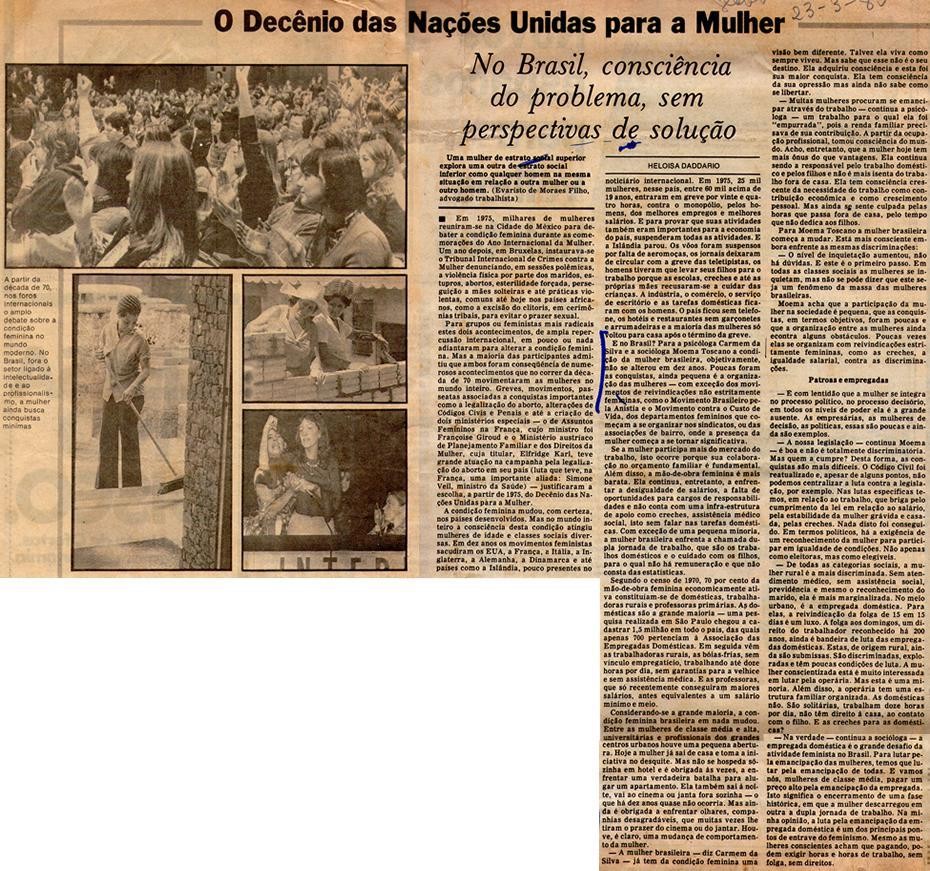 23 de Março de 1980 - O Globo. O Decênio das Nações Unidas para a Mulher.