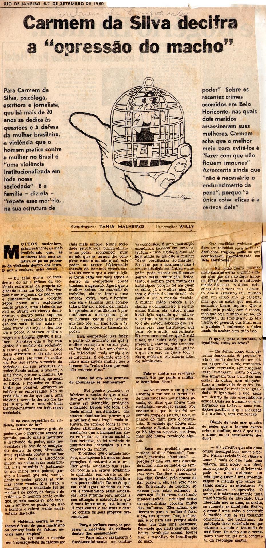 06 de Setembro de 1980 - Tribuna da Imprensa. Carmem da Silva decifra a "opressão do macho".