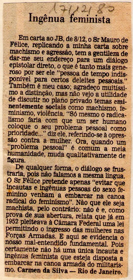 17 de Novembro de 1980 - Jornal do Brasil. Ingênua feminista.