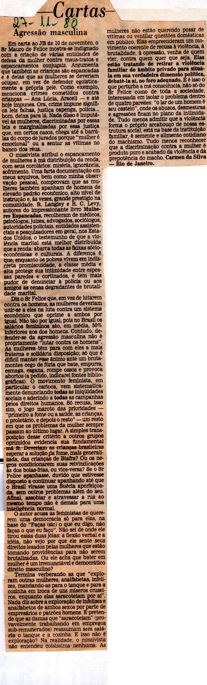 27 de Novembro de 1980 - Jornal do Brasil. Agressão masculina.