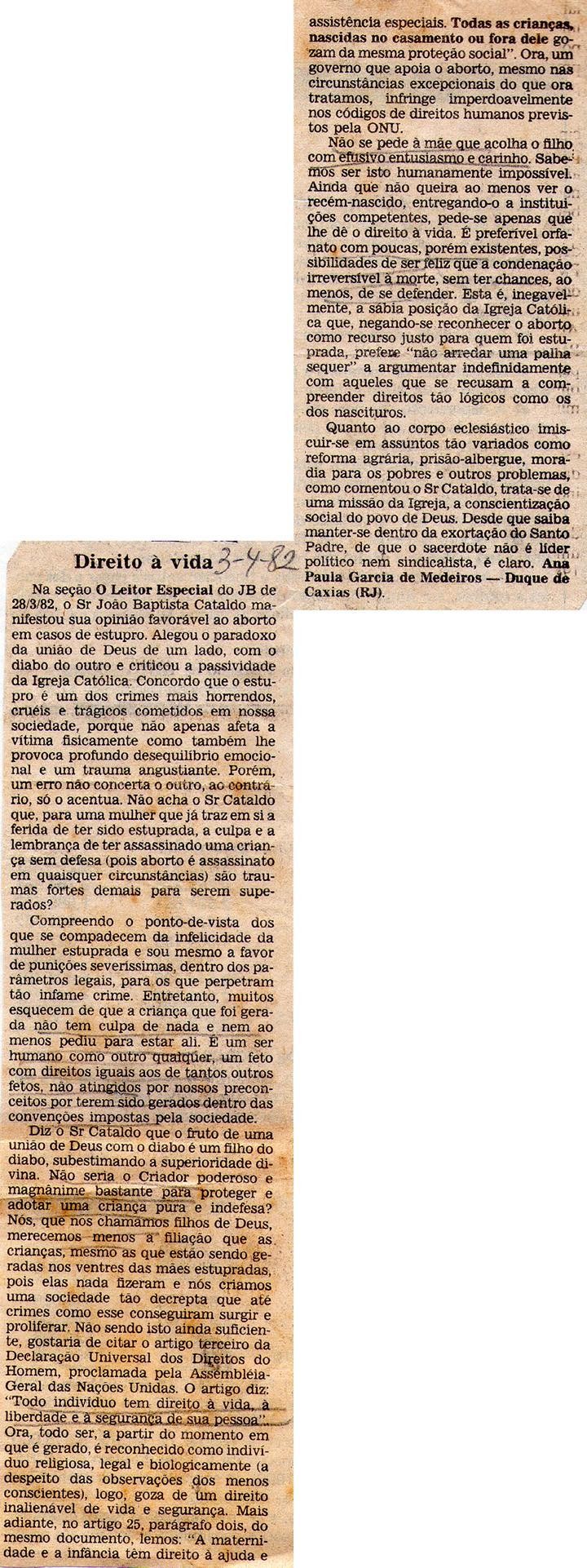 02 de Abril de 1982 - Jornal do Brasil. Direito à vida.
